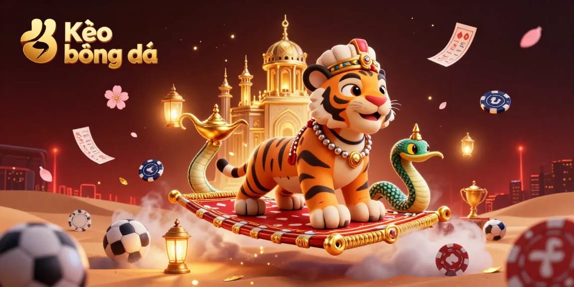 Bet on Kèo bóng đá with an illustrated rich scene featuring vibrant sports elements and an Arabian Nights theme.