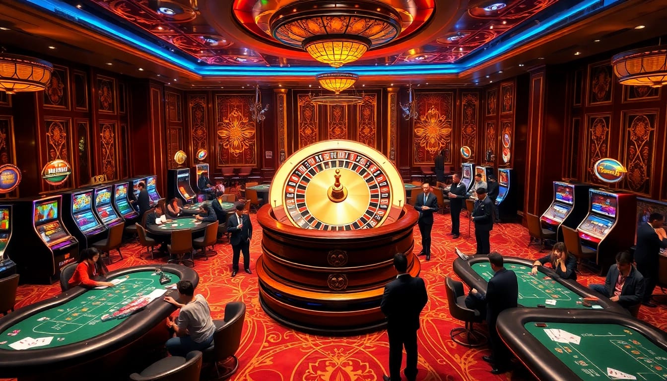 Kèo Nhà Cái betting excitement at a luxurious casino with poker tables and roulette wheel.