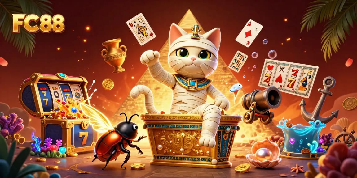 Experience the vibrant energy of FC 88 with this dynamic casino scene featuring a cartoon mummy cat and scarab.