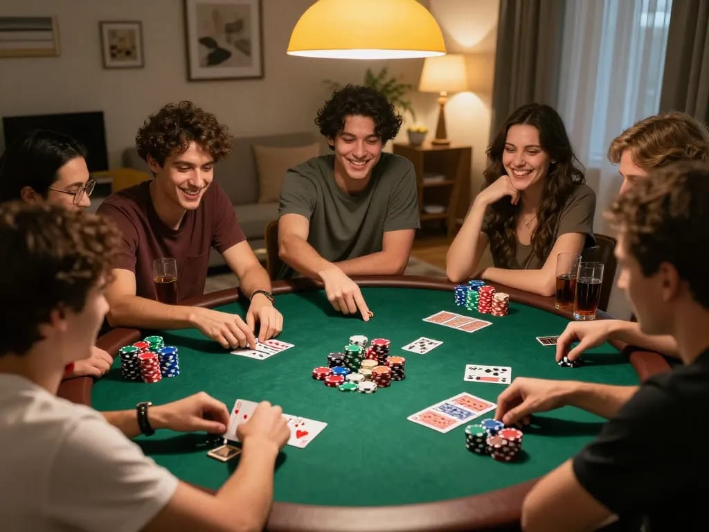 Friends playing poker at home, showcasing tg887 gaming excitement and social bonding.