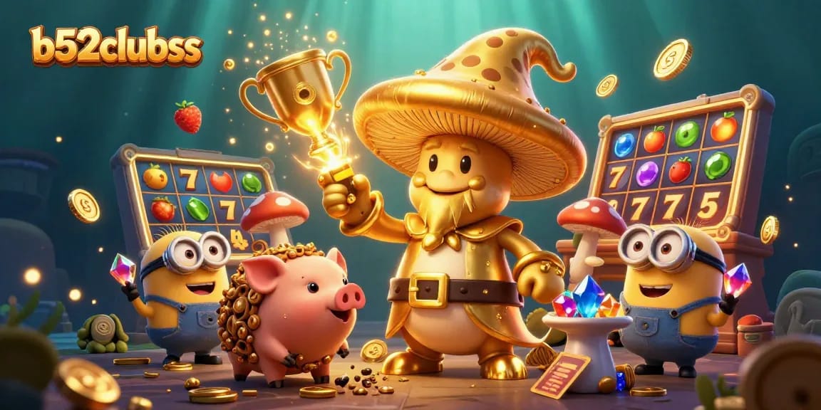 Bettors uncover treasures at b52clubss with golden mushroom wizard in a vibrant casino scene.