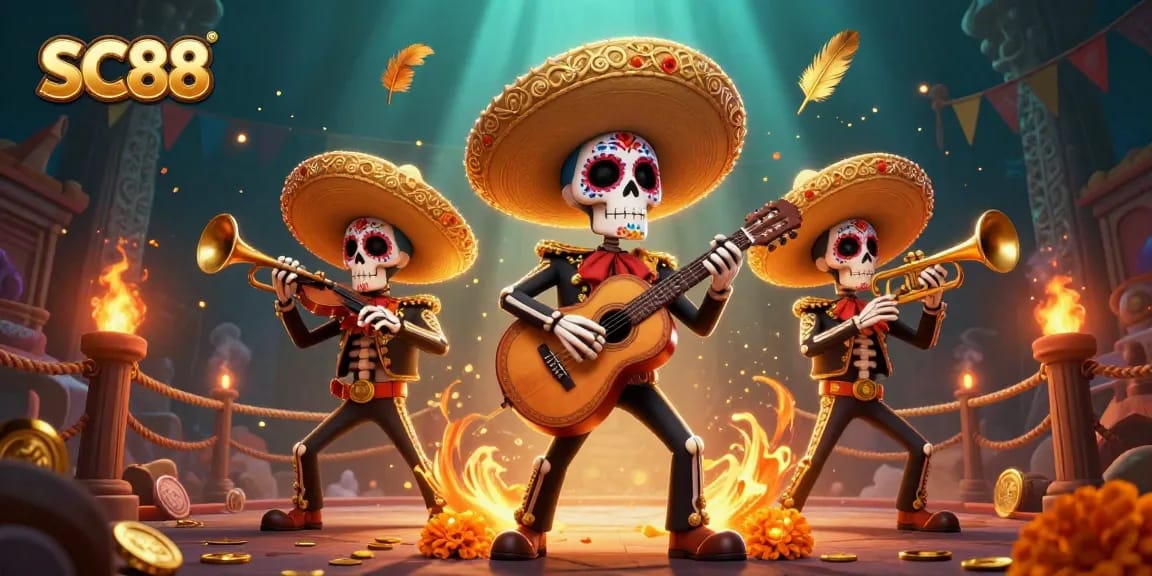 Engage in thrilling gameplay at SC88's dynamic casino with colorful Day of the Dead skeletons.