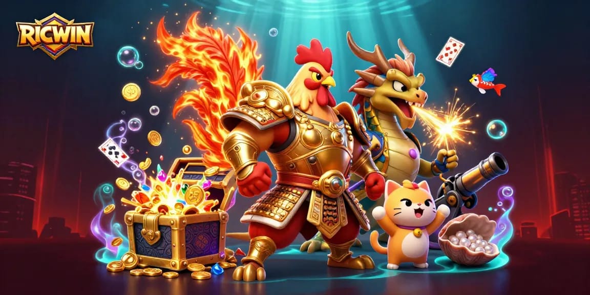 Engage with RICWIN, showcasing a dynamic 3D illustration of rooster and dragon warriors amidst vibrant casino elements.