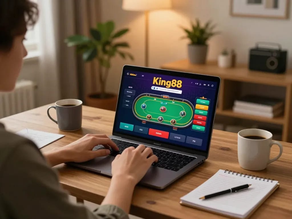 Engaging with King88's online poker game on a cozy home desk, showcasing strategic gaming.