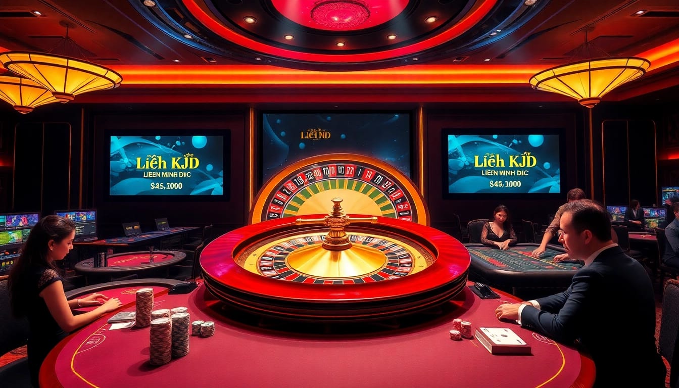 A vibrant casino scene showcasing excitement and luxury with Liên Minh KJC branding and roulette.