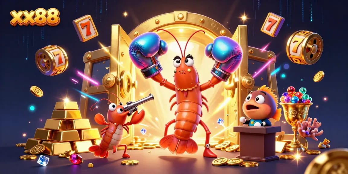 Experience xx88 casino thrills with vibrant 3D shrimp characters, gold treasures, and exciting game elements.