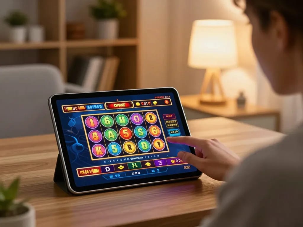 Engaging with online casino at https://123bz.uk.net/ on tablet in cozy home setting.