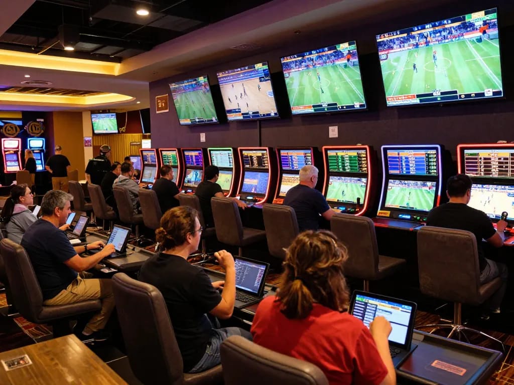 Excited bettors analyzing game odds at https://ee888.sa.com/ in a modern casino.