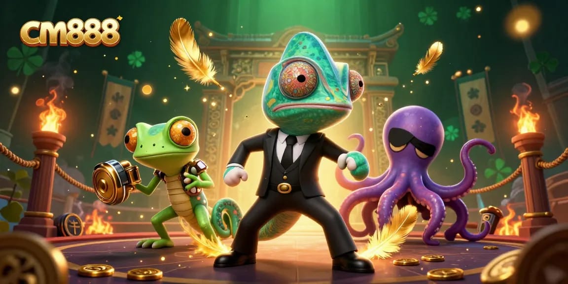 Experience thrilling wins at cm888 in this dynamic casino adventure illustration with colorful characters.
