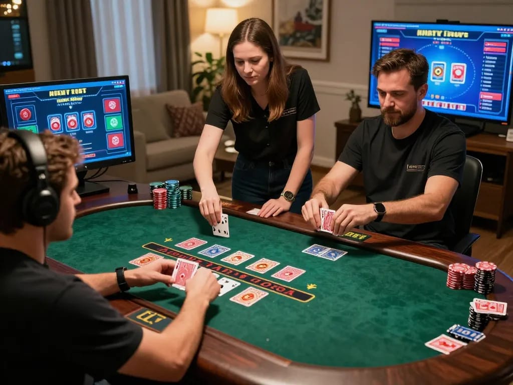 Engaging in Hbet's live dealer blackjack game from home, showcasing a dynamic online gaming experience.