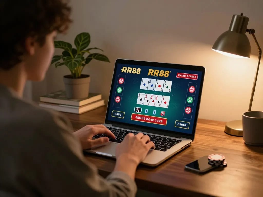 Engaging moment of RR88 online blackjack gaming, showcasing strategic betting options and cozy setting.