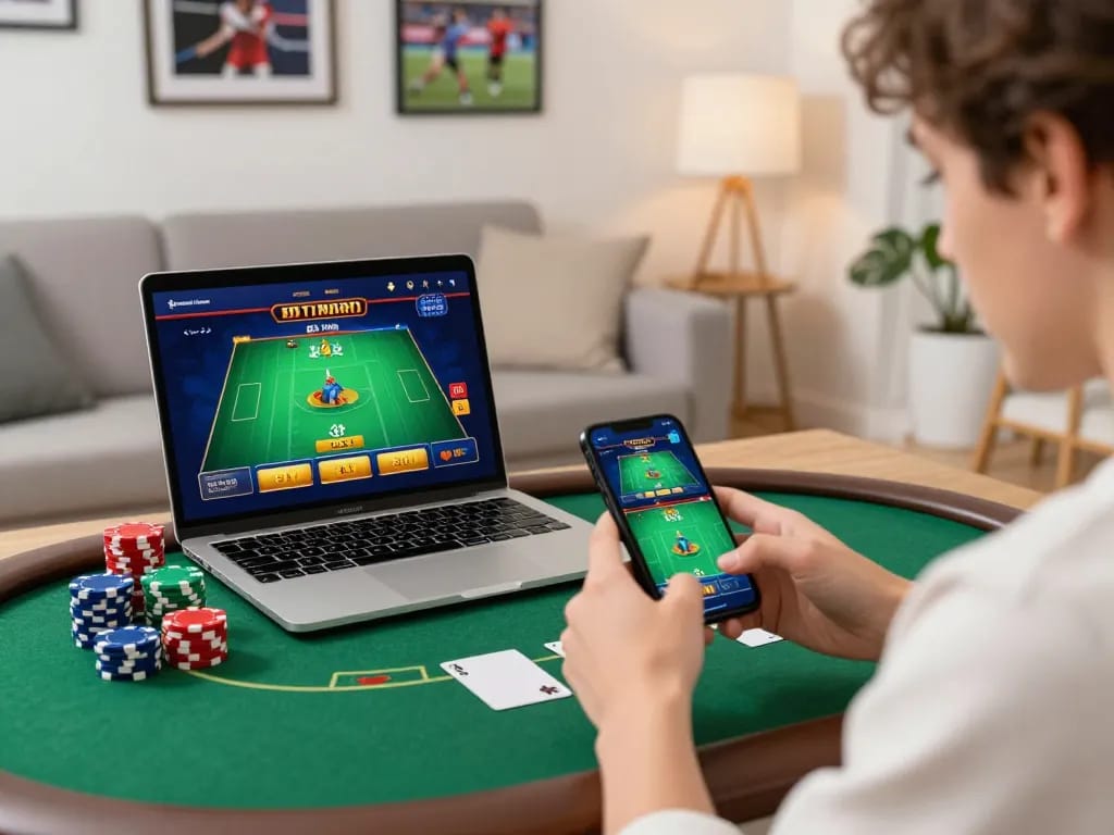 Engaging online gambling moment with 7mcn app visible on smartphone, cozy living room atmosphere.