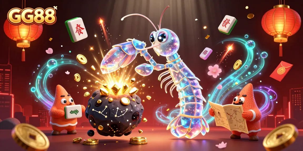 Experience GG88's exciting gambling universe with a 3D illustration of a galactic shrimp hero.