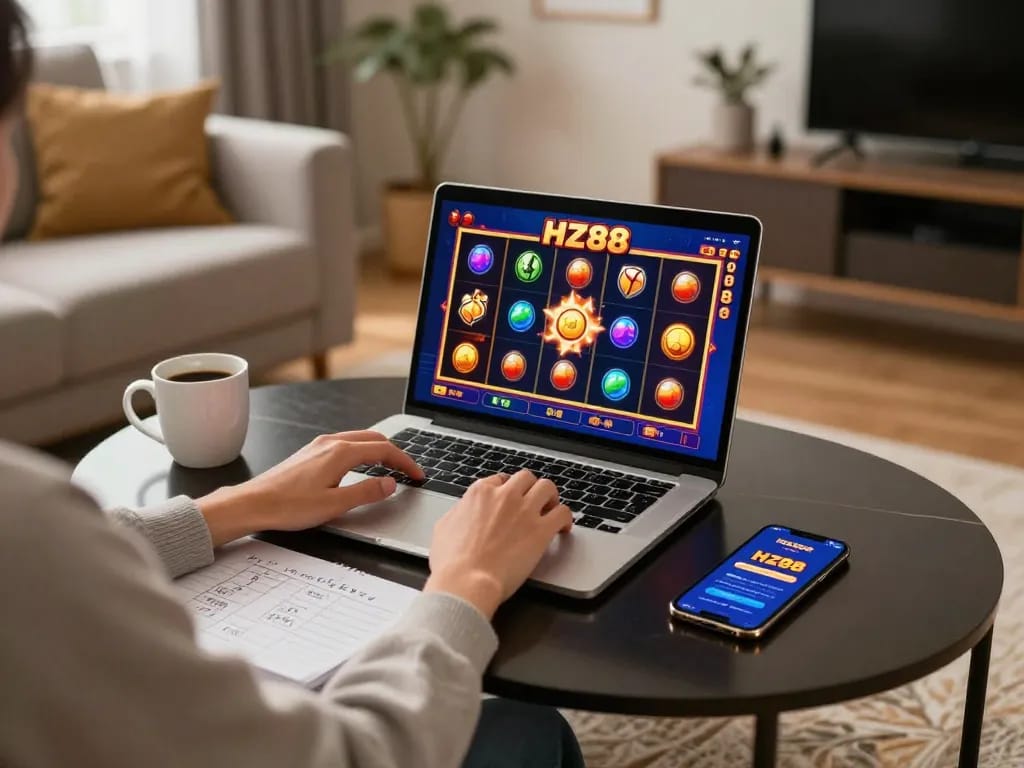 Play exciting HZ88 slot games on a cozy home setup with laptop and smartphone.