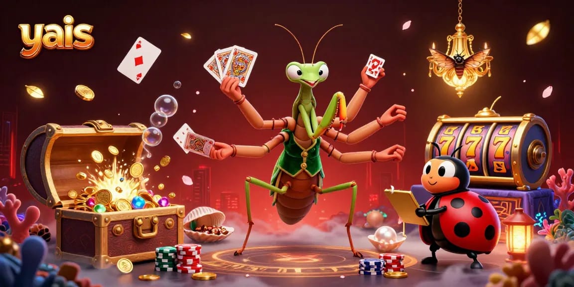 Engage with yais, as the giant praying mantis card sharp interacts in a vibrant casino scene.