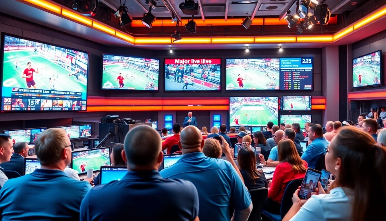 Engaging scene of sports broadcasting with hosts and screens displaying live games.