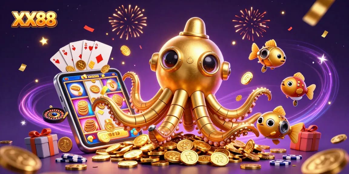 Spin the reels on XX88 with vibrant games and golden treasures in a dynamic casino scene.