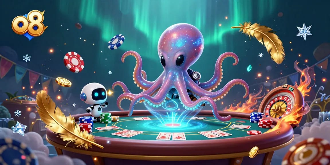 Engage in thrilling gameplay with o8's dynamic 3D alien poker scene showcasing unique characters and vibrant casino action.