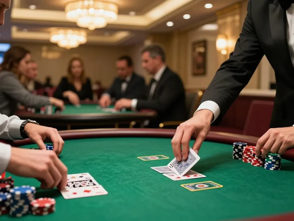 Players engaging in strategic poker gameplay at 9BET casino table in a luxurious atmosphere