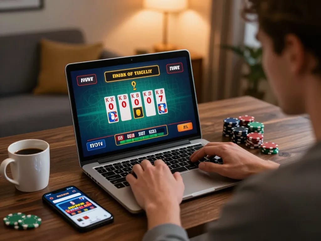 Player using laptop for 88club online gaming with live dealer, showcasing strategic gambling.