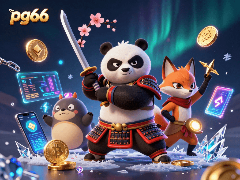 Engage in thrilling gaming at pg66 with samurai panda and ninja fox amid vibrant crypto elements.