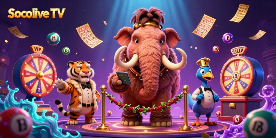 Socolive TV, a vibrant scene featuring a whimsical woolly mammoth bouncer at a casino entrance with colorful lottery balls flying around.