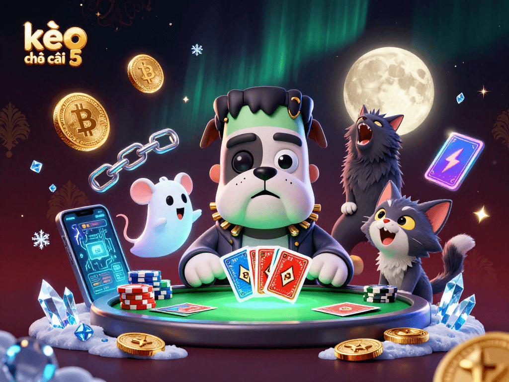 Engage in thrilling gameplay with kèo nhà cái 5, featuring a Frankenstein bulldog and ghostly elements at a casino table.