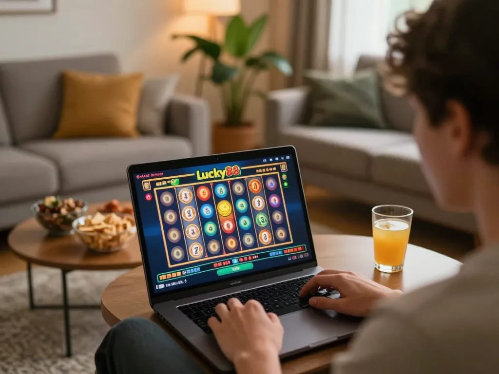 Engaging gameplay on Lucky88 slot in a cozy home setup, showcasing responsible online gaming