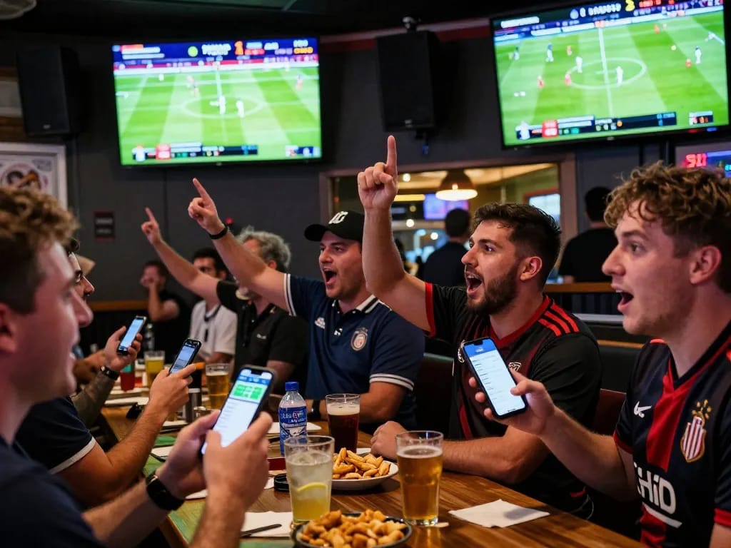 Sports betting excitement captured as patrons engage with keo-nha-cai-vn apps during a football match.