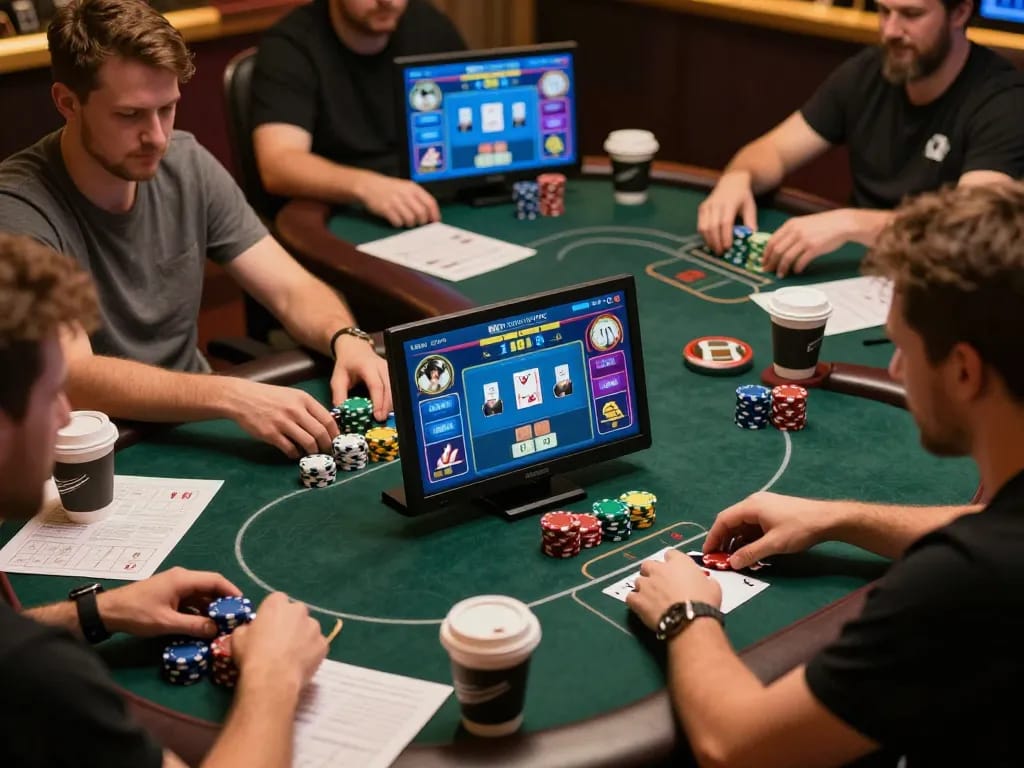 SX88 players engaged in an online poker game with chips and strategy notes, showcasing vibrant digital action.