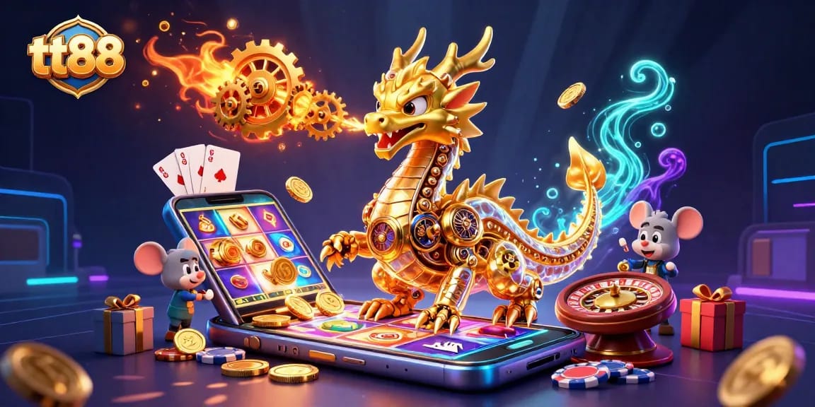 Engage in thrilling gaming experiences at tt88 with a golden dragon breathing gears and interactive casino elements