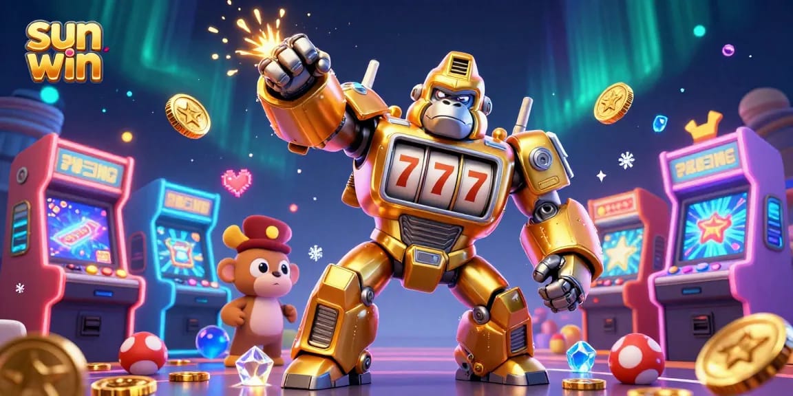 Engage with thrilling casino action at Sun Win, featuring an exciting golden gorilla mech and vibrant gaming elements.