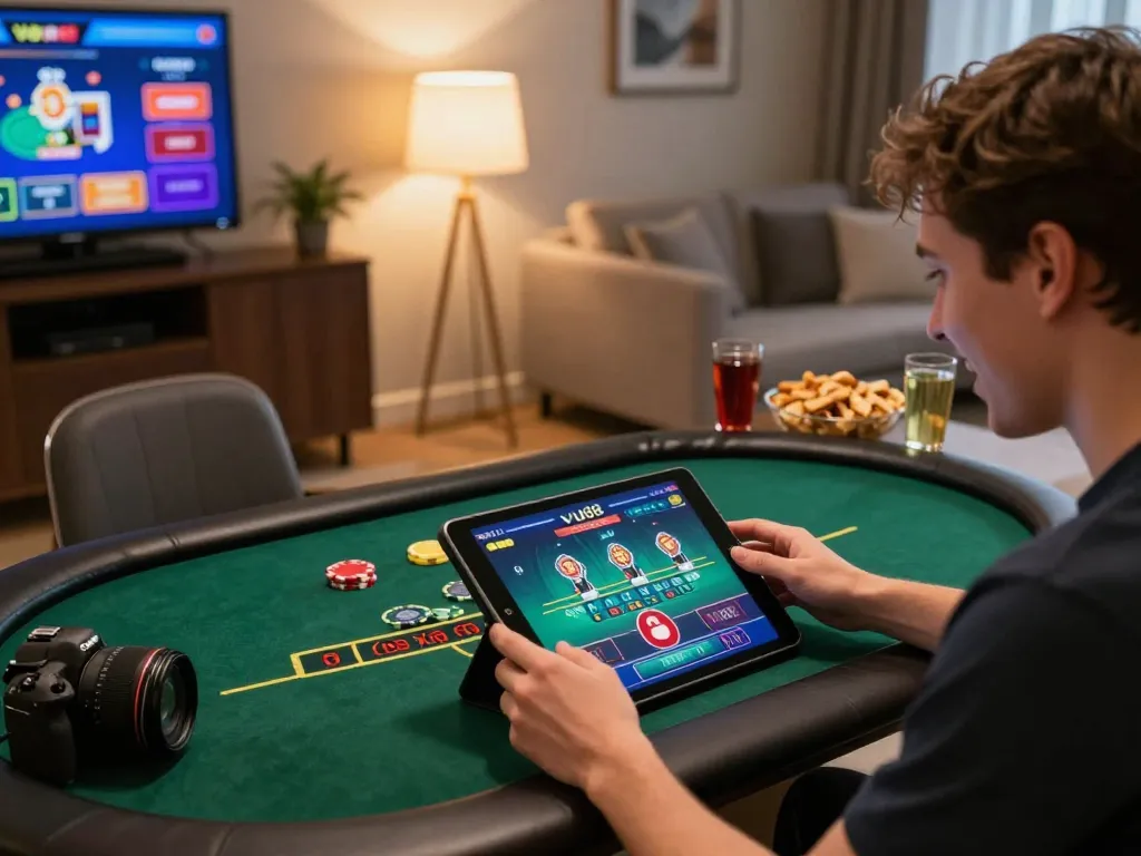 Player enjoying live dealer blackjack on vu88 tablet in cozy home setting