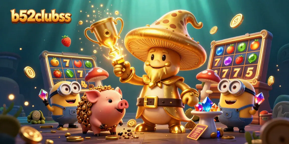 Bettors uncover treasures at b52clubss with golden mushroom wizard in a vibrant casino scene.