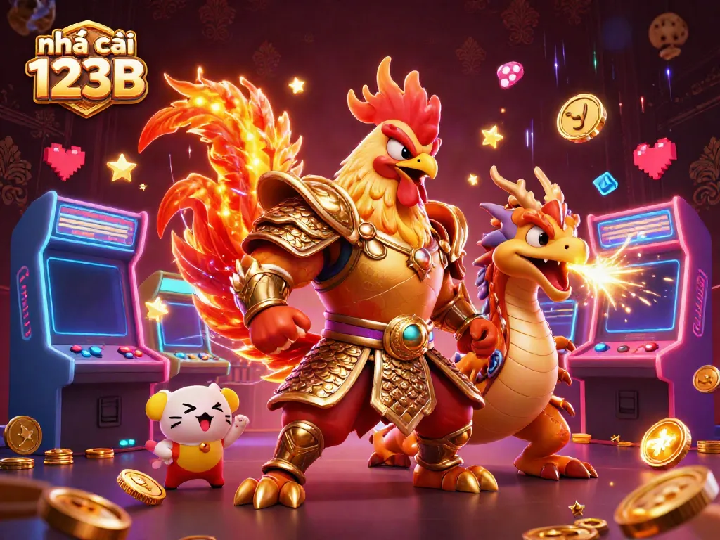 Experience excitement at nhà cái 123B with dynamic characters and vibrant casino elements in a captivating 3D illustration.