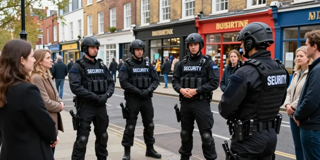 "Security personnel providing expert safety guidance to local business owners in London, fostering community trust."