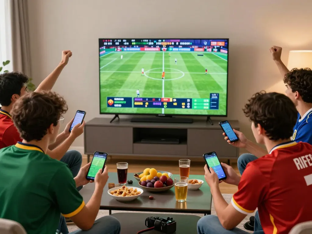 Friends engaging in keo nha cai sports betting during a live football match.