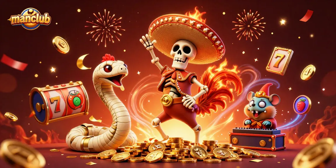 Experience the excitement of manclub's vibrant casino world with a dancing mariachi rooster amid slot game symbols.
