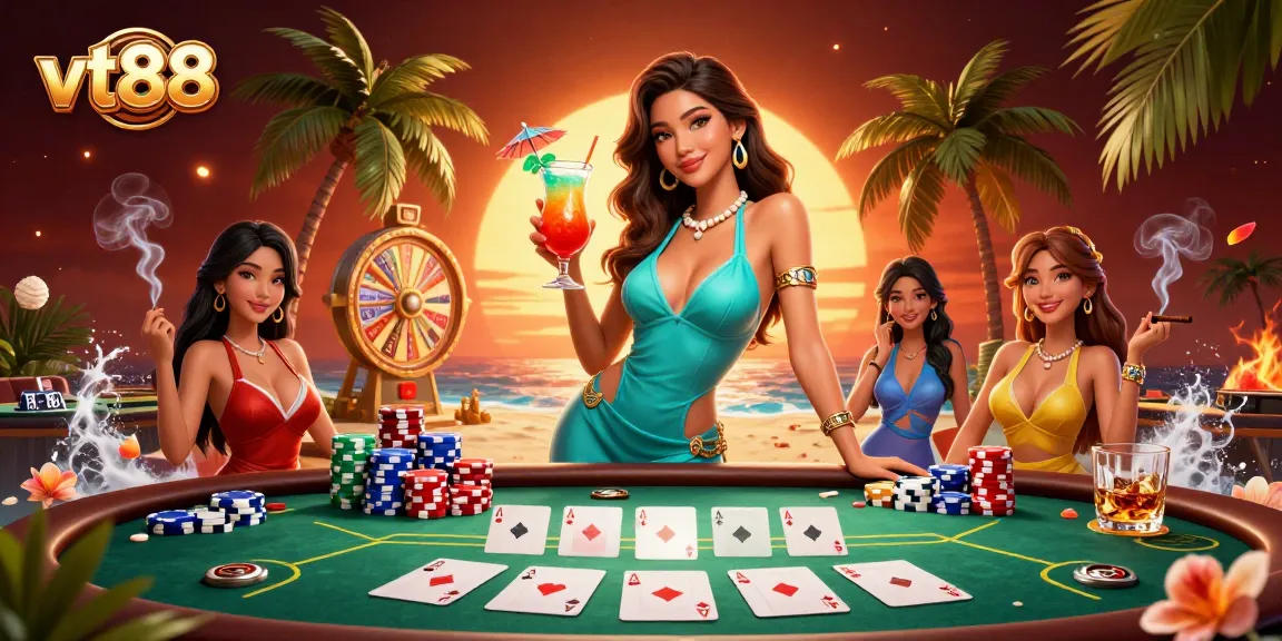 Experience winning at vt88 with a glamorous casino scene featuring poker excitement and tropical vibes.