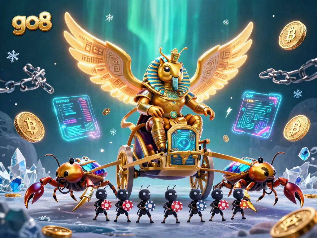 Experience thrilling wins at GO8's gaming platform with an energetic scene featuring a golden scarab and exciting crypto elements.