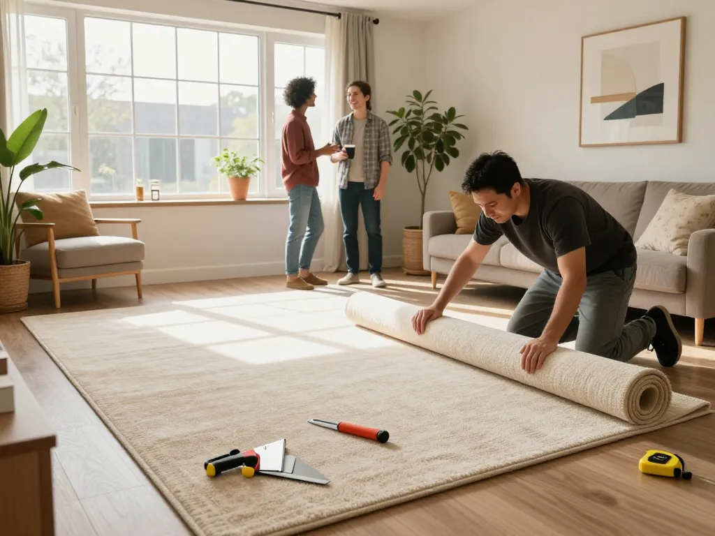 Home carpet fitting services in a stylish living room, professional installer laying carpet with sunlight and decor.
