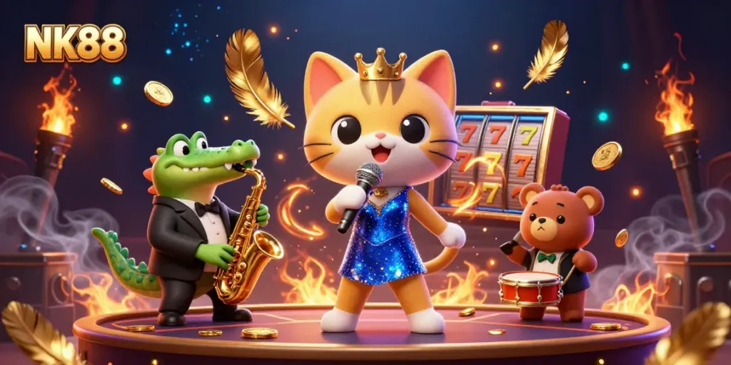 Play the NK88 slots featuring animated characters in a vibrant casino scene.