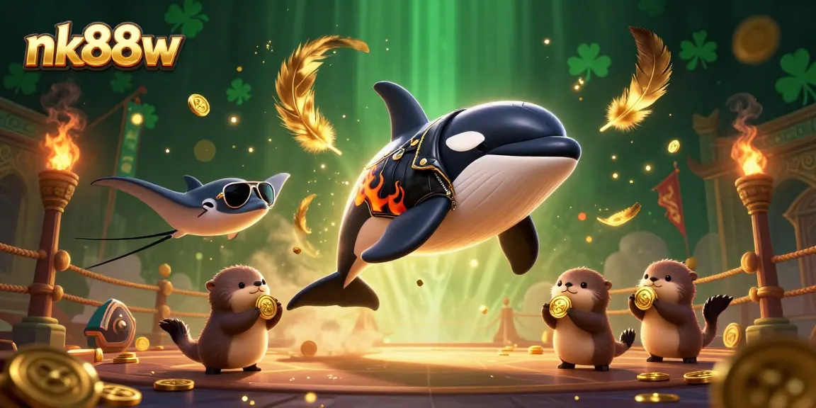 Engage in exciting gameplay at nk88w while watching an orca whale leap through a vibrant casino scene.