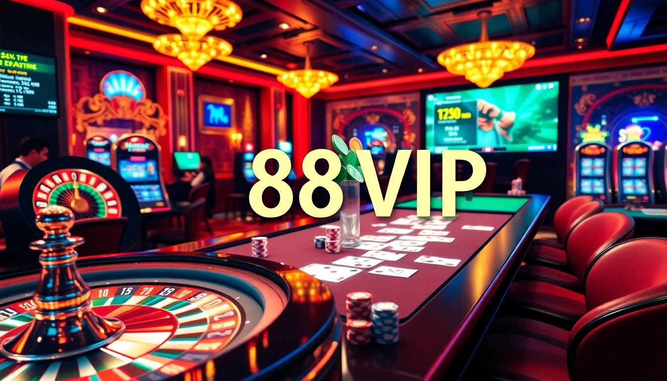 Experience the excitement of gaming at 68VIP's luxurious online casino, featuring vibrant poker tables and slot machines.