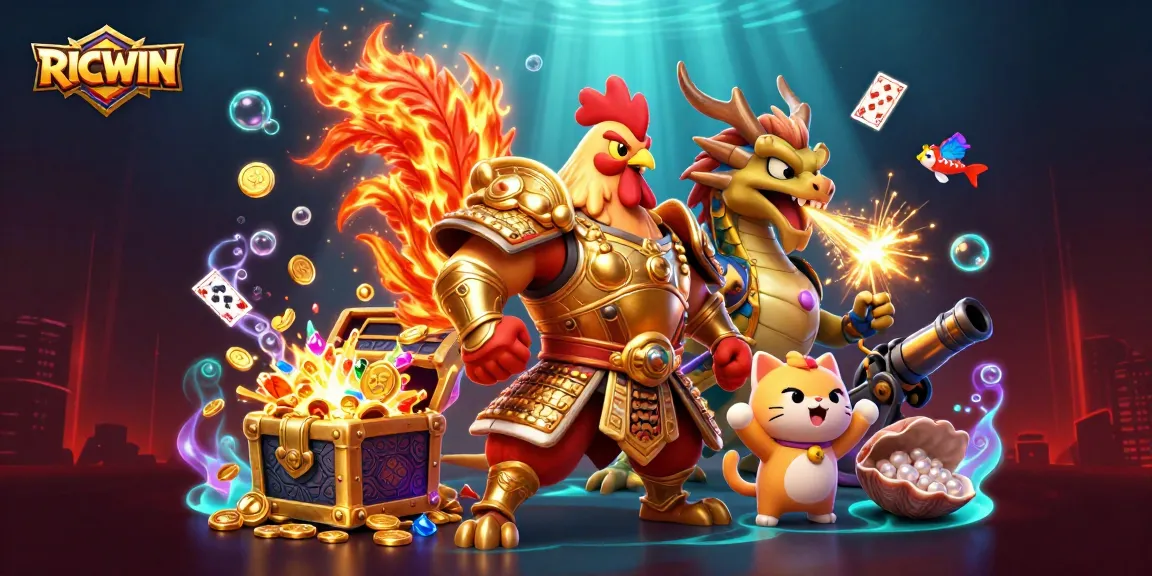 Engage with RICWIN, showcasing a dynamic 3D illustration of rooster and dragon warriors amidst vibrant casino elements.