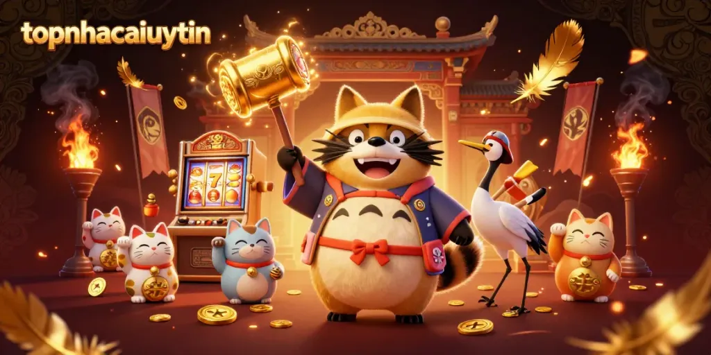 Spin slots with topnhacaiuytin featuring a cheerful tanuki and lucky symbols in vibrant casino scene