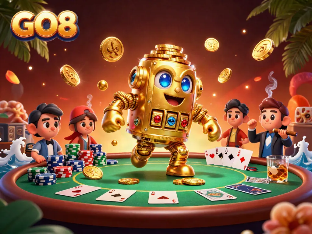 Experience exciting gameplay with GO8's immersive casino scene teeming with gold coins, poker elements, and vibrant decorations.