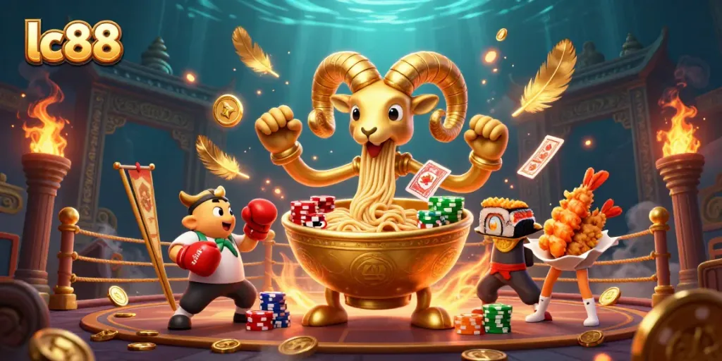 Engage with lc88's casino excitement featuring a lively ramen bowl dealer, sushi roll, and colorful cheering elements.