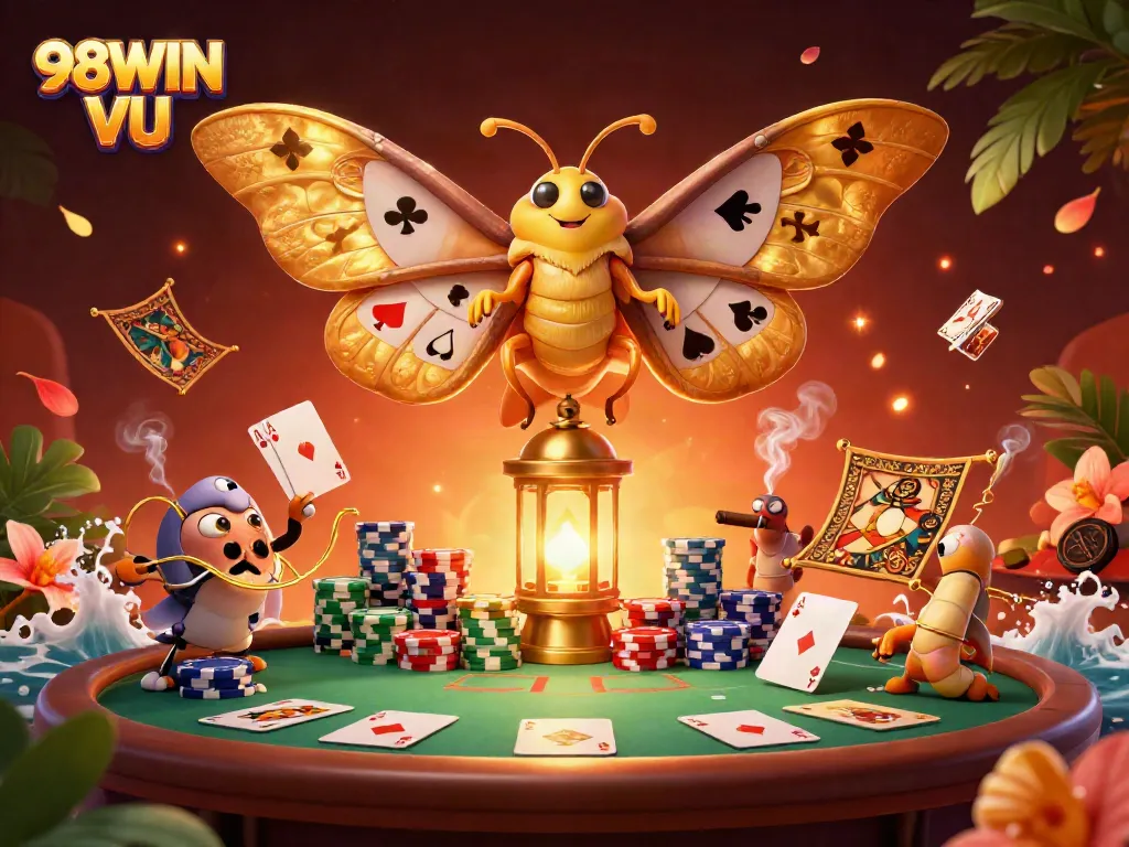 Experience thrilling gameplay at 98WIN VU with a majestic scene depicting vibrant casino elements and golden symbols.