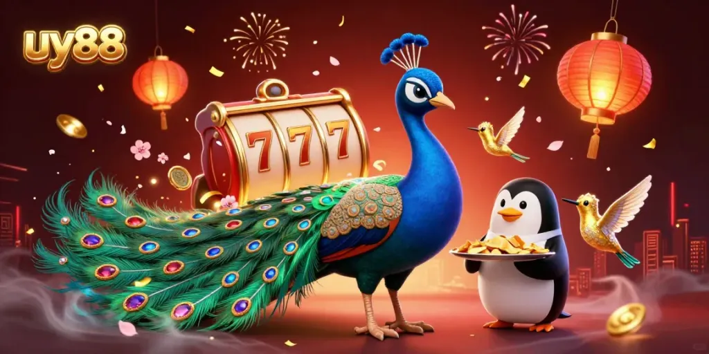 Experience excitement at uy88 with a vibrant scene of casino-themed characters and elements.